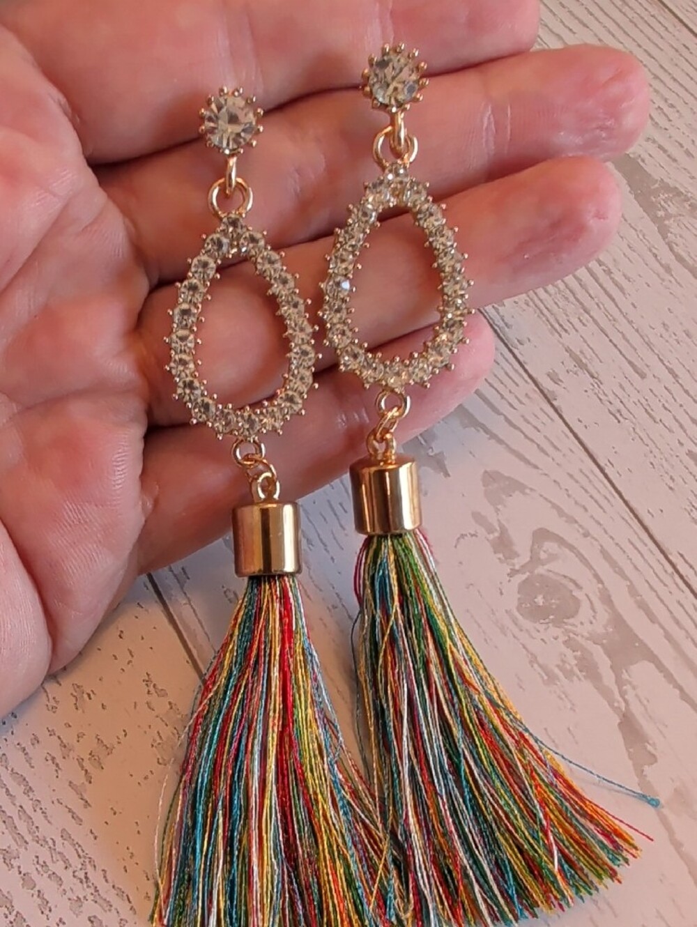 Gold Teardrop Crystal Tassel Earrings in Multicolor